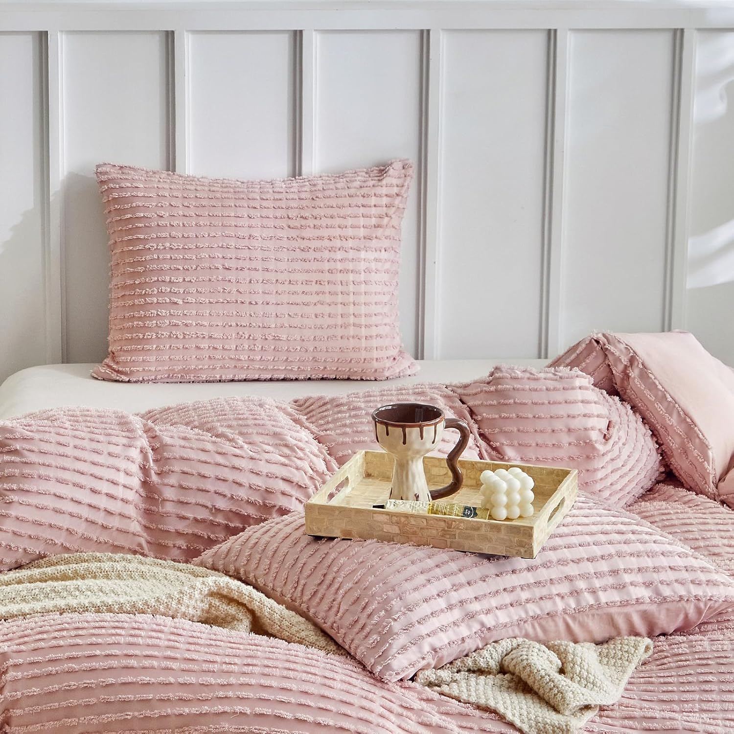 Warmdern Pink Pillow Covers King Pillow Cases Soft Microfiber Pillow Cases Set of 2 Boho Textured Pillowcase with Envelope Closure(Pink, Ki…