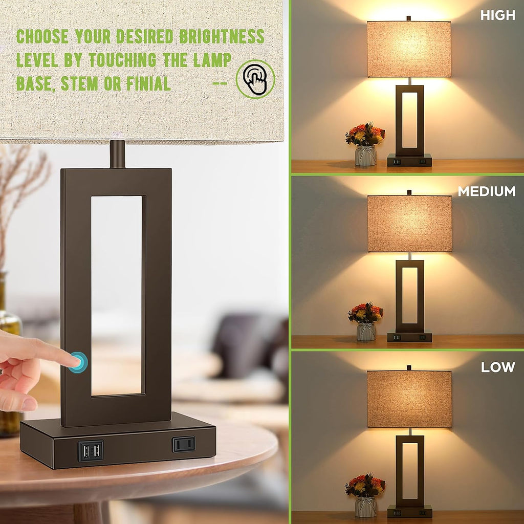 Tobusa Set of 2 Touch Control Table Lamps with 2 USB Ports&AC Outlet, 3-Way Dimmable Modern Nightstand Lamp Sets, Brown Bedside Desk Lamps…