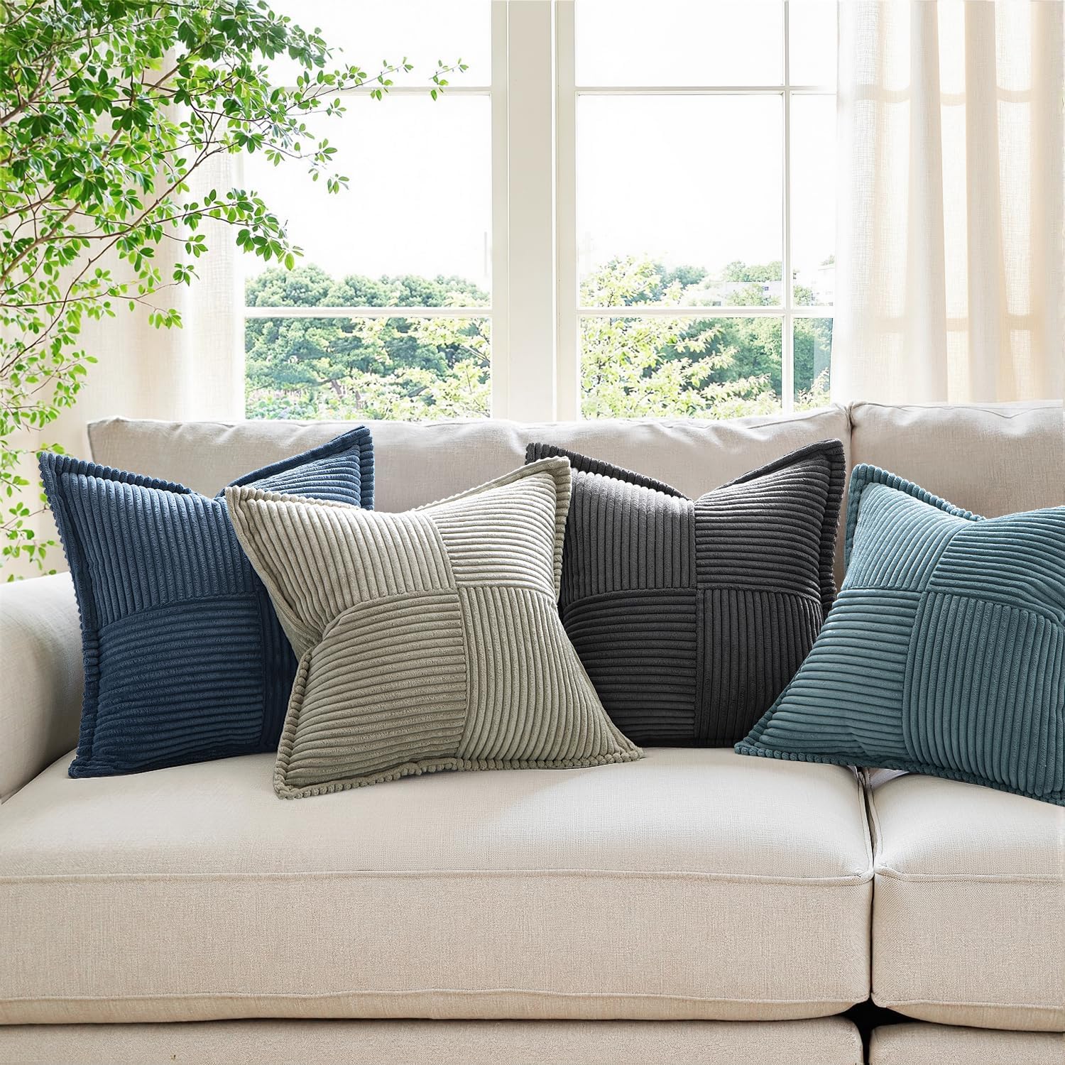 MIULEE Decorative Throw Pillow Covers for Couch Bed Livingroom 18x18 Inch Set of 2 Blue Boho Accent Throw Pllows Broadside Striped…