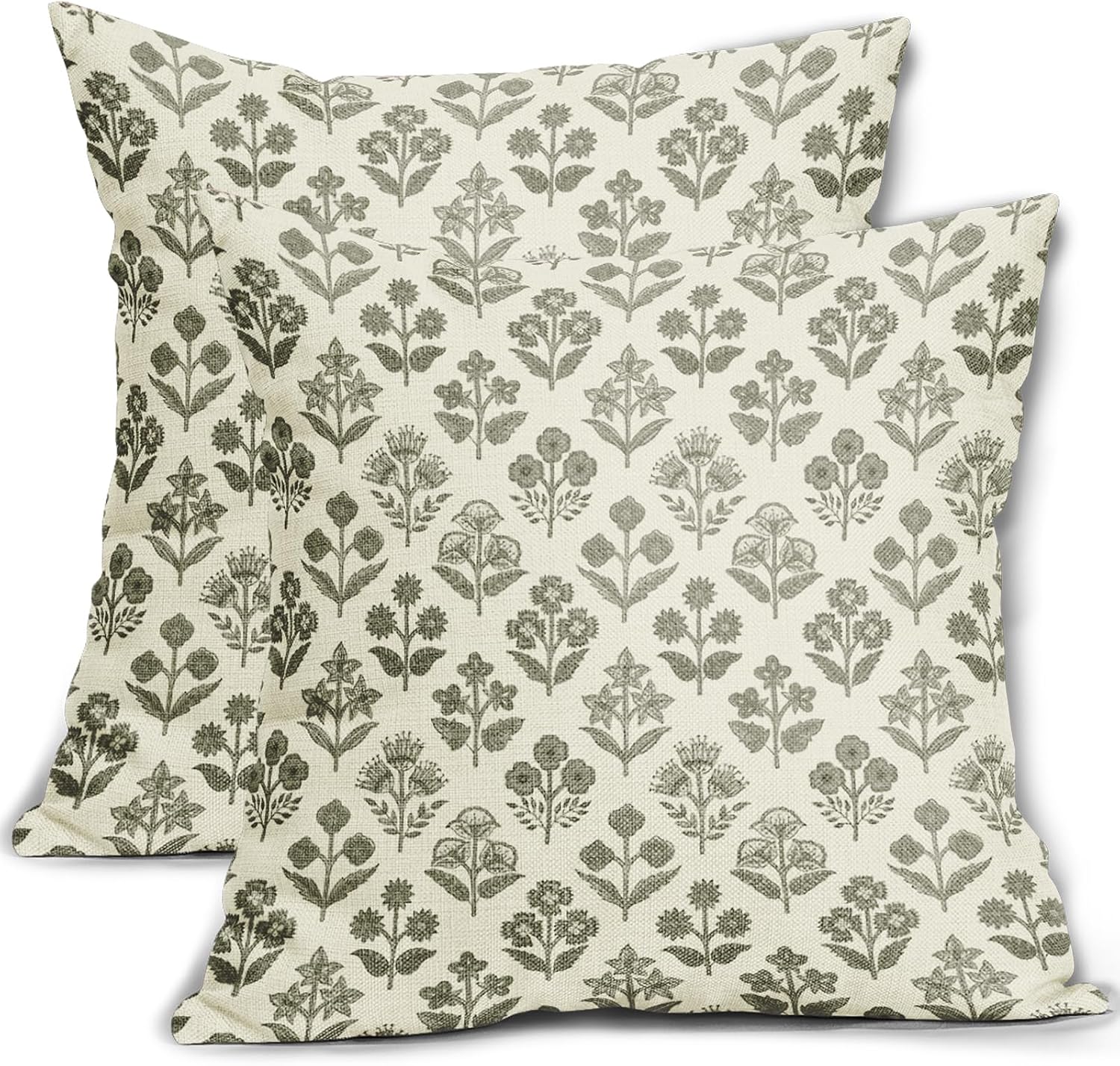 Olive Green Floral Pillow Covers 24x24 Inch Set of 2, Vintage Flower Block Print Pattern Decorative Throw Pillowcases Outdoor Farmhouse…
