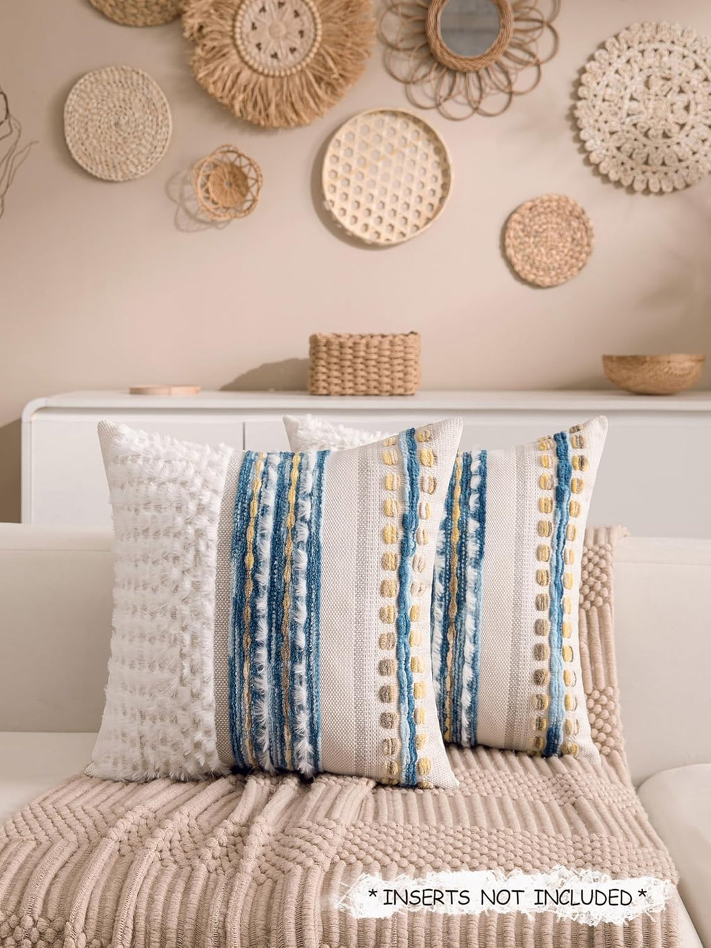 Boho Chenille Tufted Couch Throw Pillow Covers 18x18 Inch Set of 2 Farmhouse Striped Decorative Pillow Covers Accent Neutral Square…