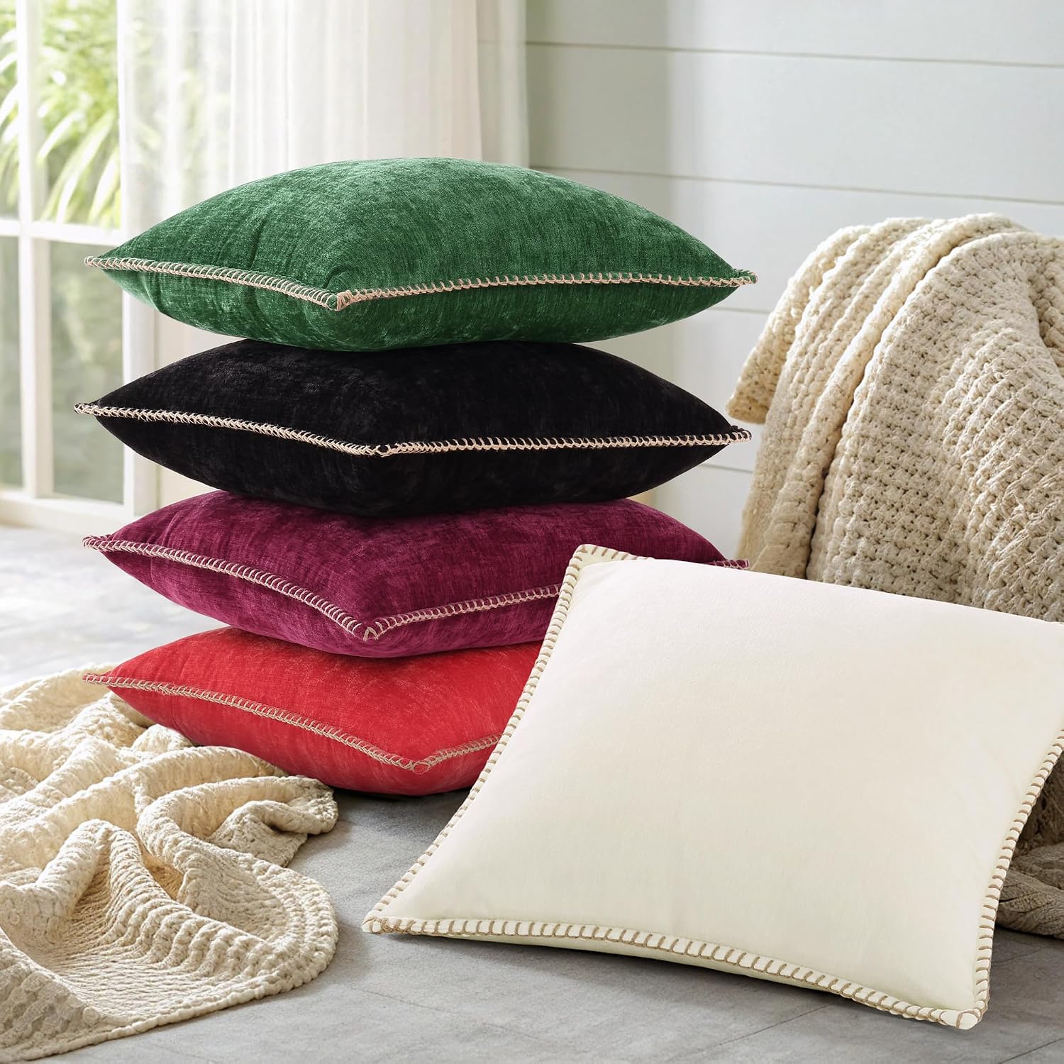 decorUhome Chenille Soft Cozy Throw Pillow Covers 20x20 Set of 2, Modern Farmhouse Boho Velvet Decorative Pillow Cases with Stitched Edge f…