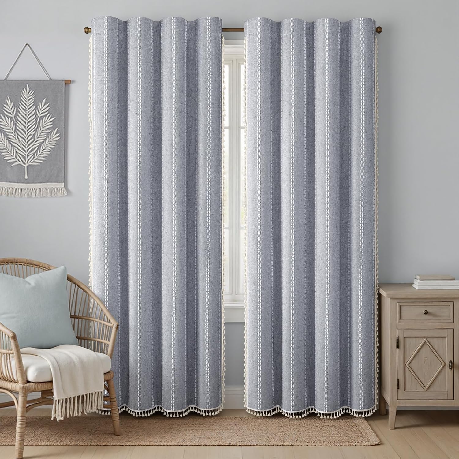 XOGUIBO Blue Boho Blackout Curtains 2 Panels 84 Inch for Living Room Bedroom, Linen Texture Farmhouse Curtains with Tassels and Whit…