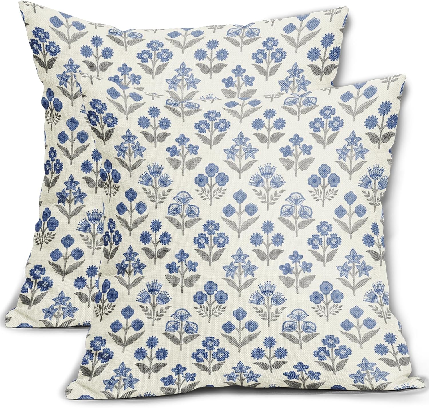 Blue Grey Gray Floral Pillow Covers 22x22 Inch Set of 2, Vintage Flower Block Print Pattern Decorative Throw Pillowcases Outdoor…