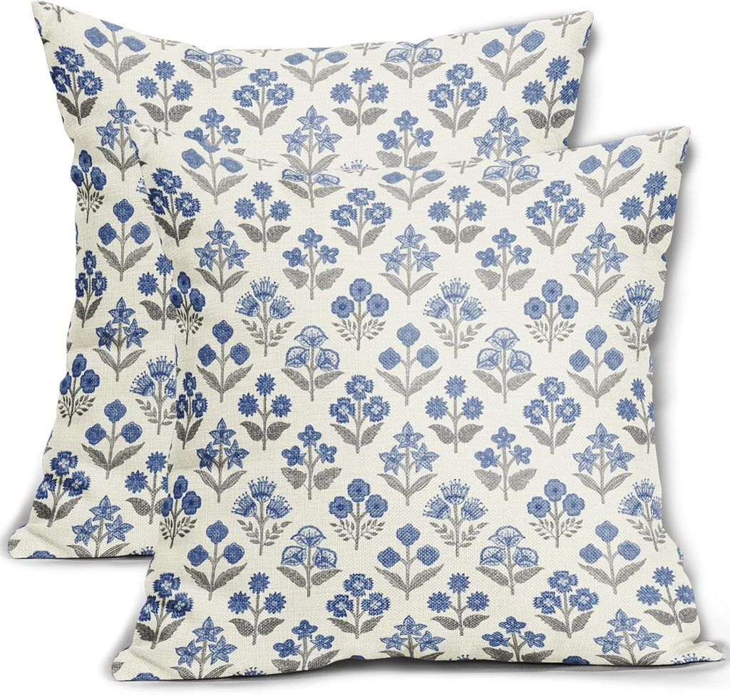 Blue Grey Gray Floral Block Print Pillow Covers 20x20 Inch Set of 2, Vintage Flower Pattern Decorative Throw Pillowcases Outdoor…