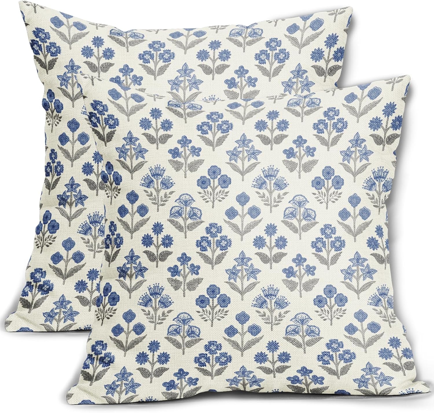 Blue Grey Gray Floral Pillow Covers 24x24 Inch Set of 2, Vintage Flower Block Print Pattern Decorative Throw Pillowcases Outdoor…