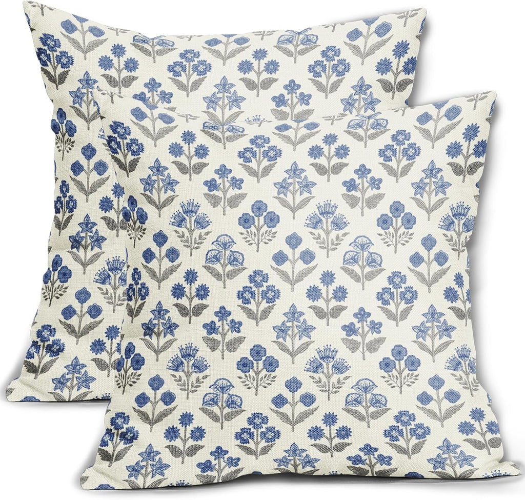 Blue Grey Gray Floral Block Print Pillow Covers 16x16 Inch Set of 2, Vintage Flower Pattern Decorative Throw Pillowcases Outdoor…