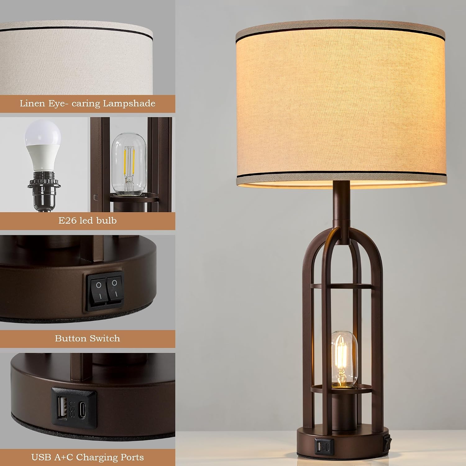 SRJJA Farmhouse Table Lamps for Living Room Bedroom Set of 2 - Rustic Industrial Bedside Lamps for Night Stands with USB A+C, 24" Vintage…