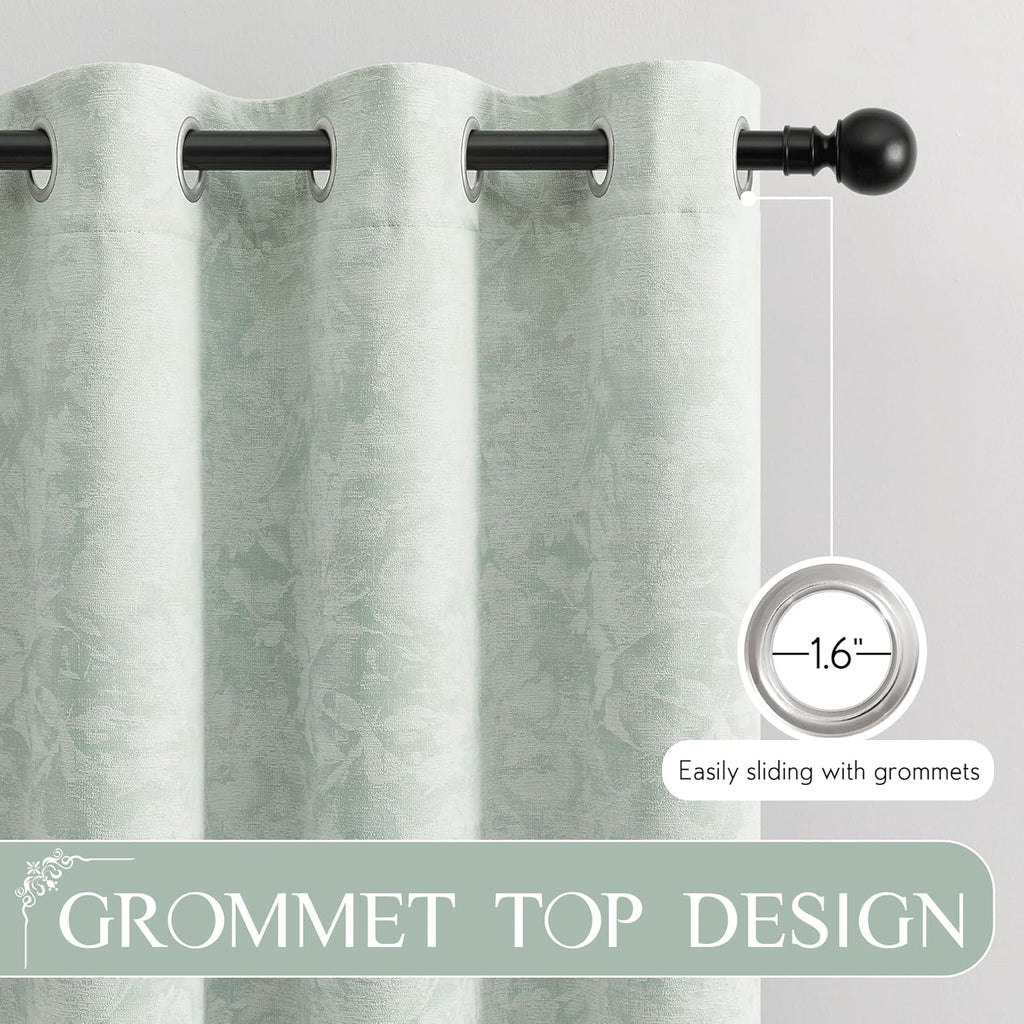 Beauoop Green Floral Jacquard Blackout Curtains 84 Inches Long 2 Panels for Bedroom Living Room Sage Flower Chenille Room Darkening…