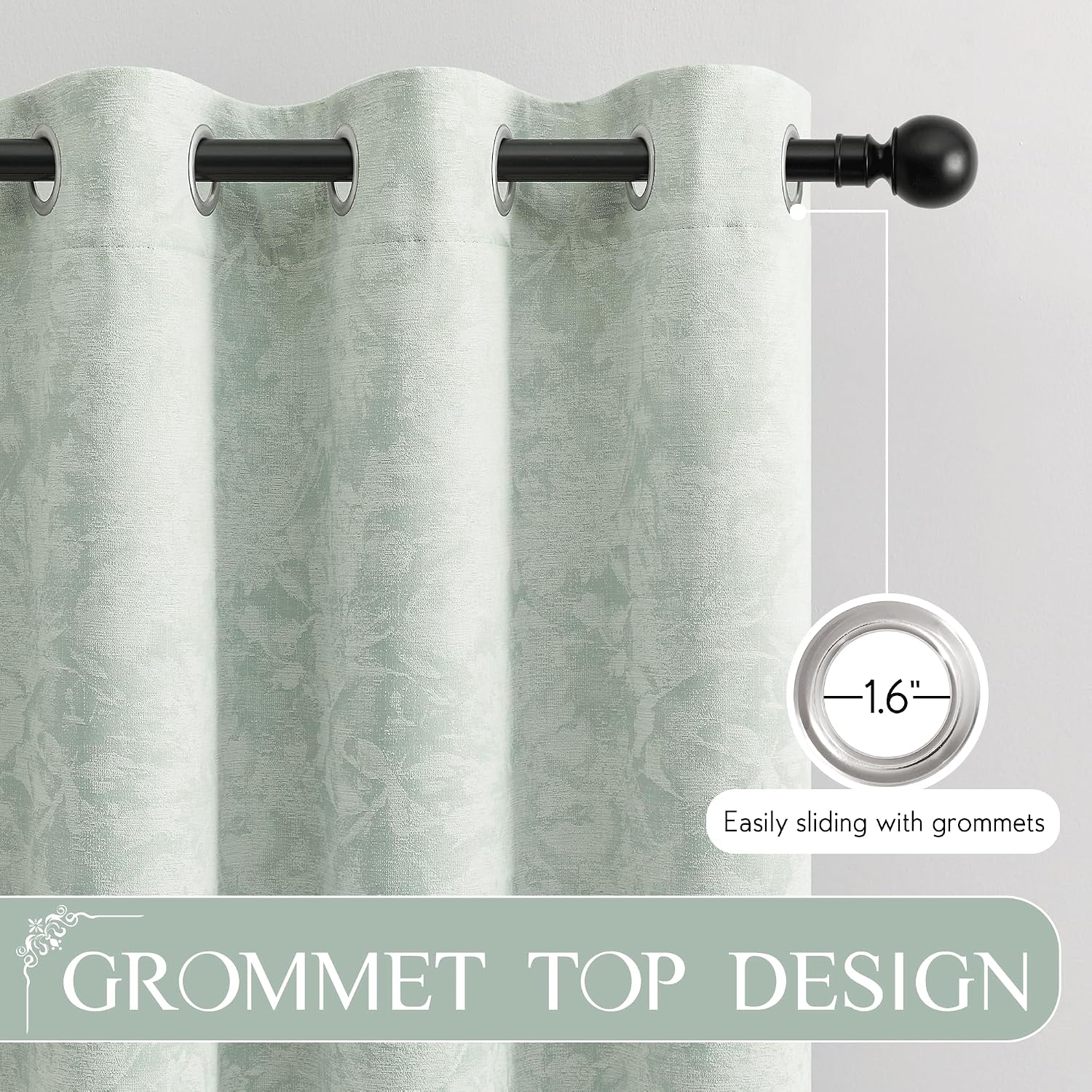 Beauoop Green Floral Jacquard Blackout Curtains 63 Inches Long 2 Panels for Bedroom Living Room Sage Flower Chenille Room Darkening…