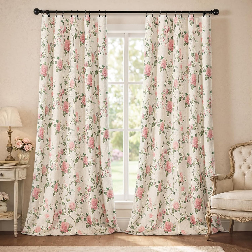 XOGUIBO Vintage Floral Blackout Curtains 84 Inch, 2 Panels Spring Linen Texture Farmhouse Drapes for Living Room Bedroom Printed Flo…