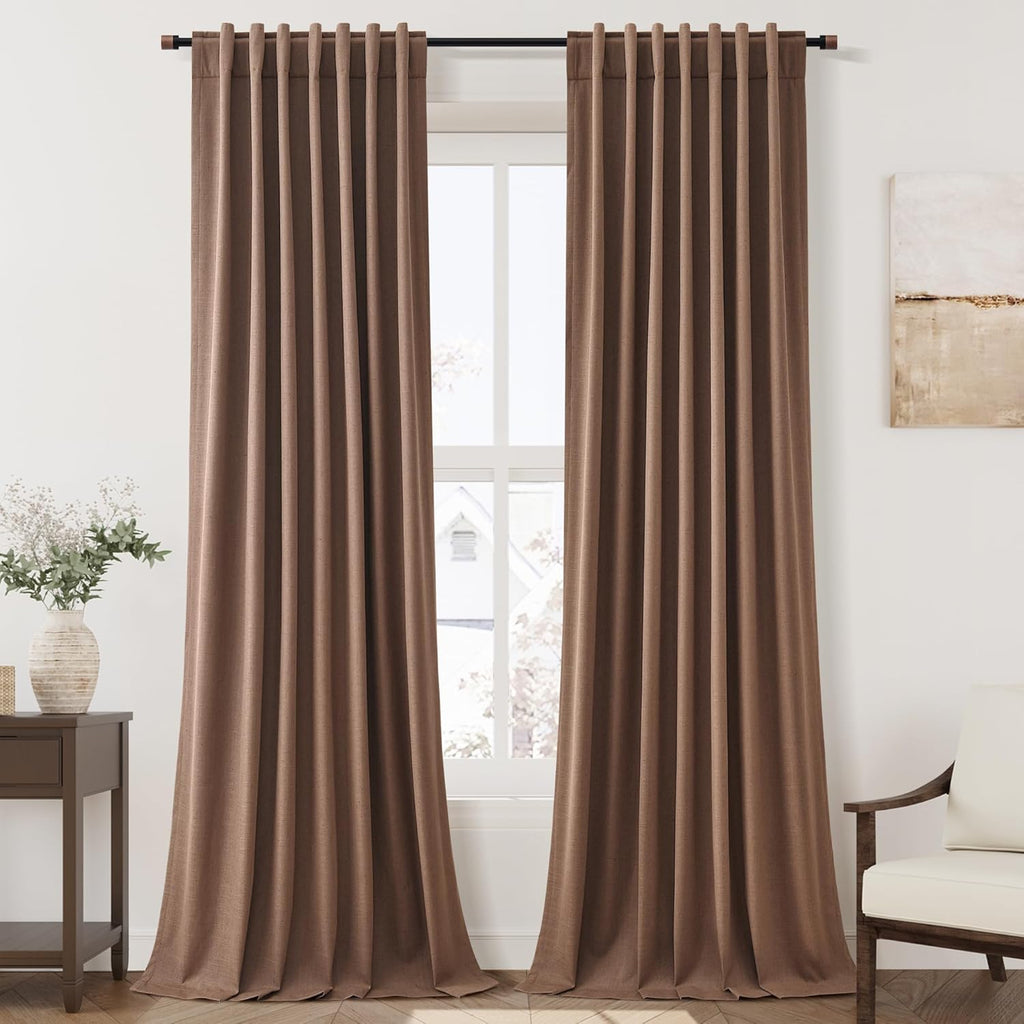 Nanspring Caramel Brown 100% Blackout Linen Curtains for Bedroom 120 Inches Long Back Tab Rod Pocket Thermal Insulated Vintage Black out Cu…