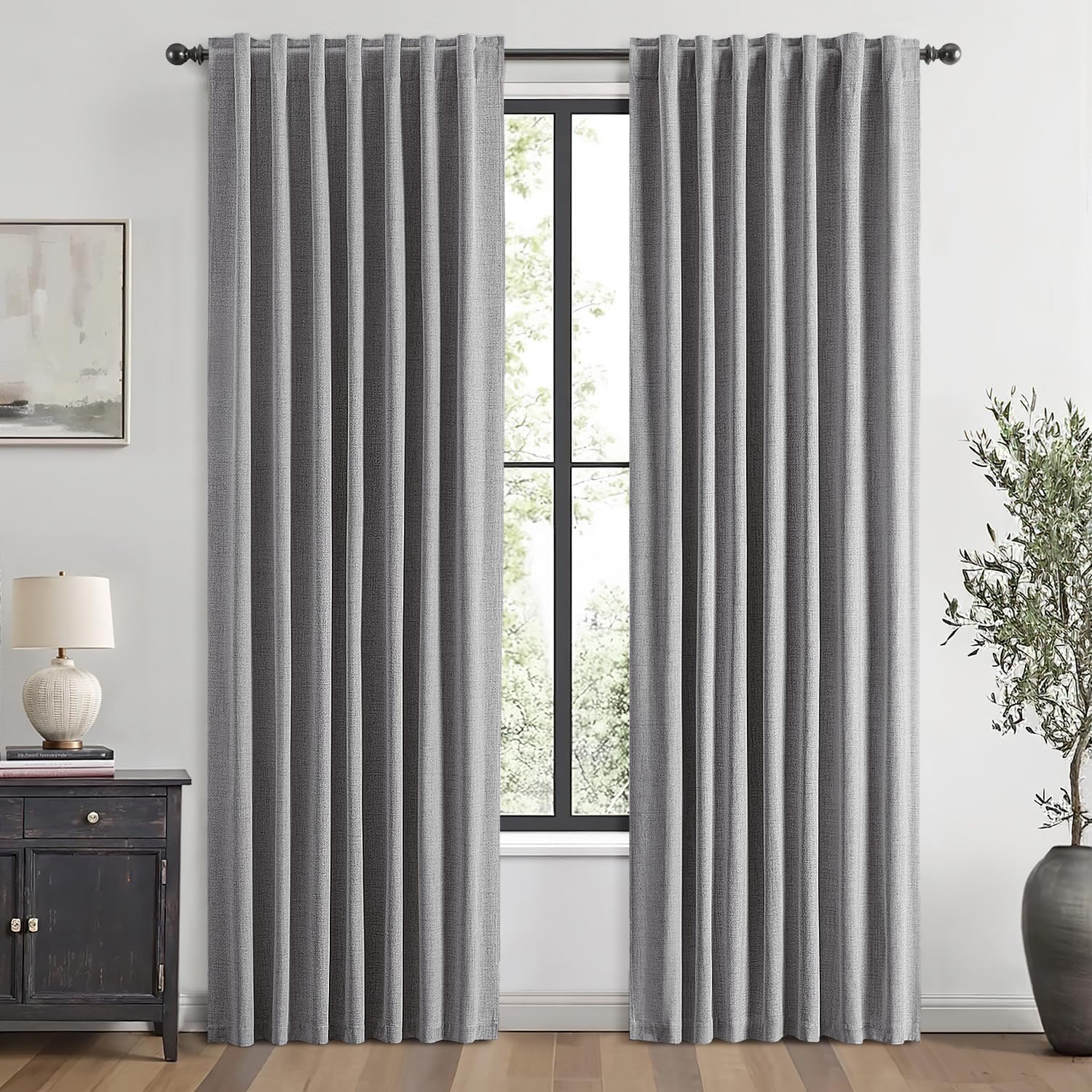 Miulee 100% Blackout Linen Curtains for Bedroom, Glacier Gray Solid Luxury Decor Thermal Insulation Room Darkening Drapes for Living Room N…
