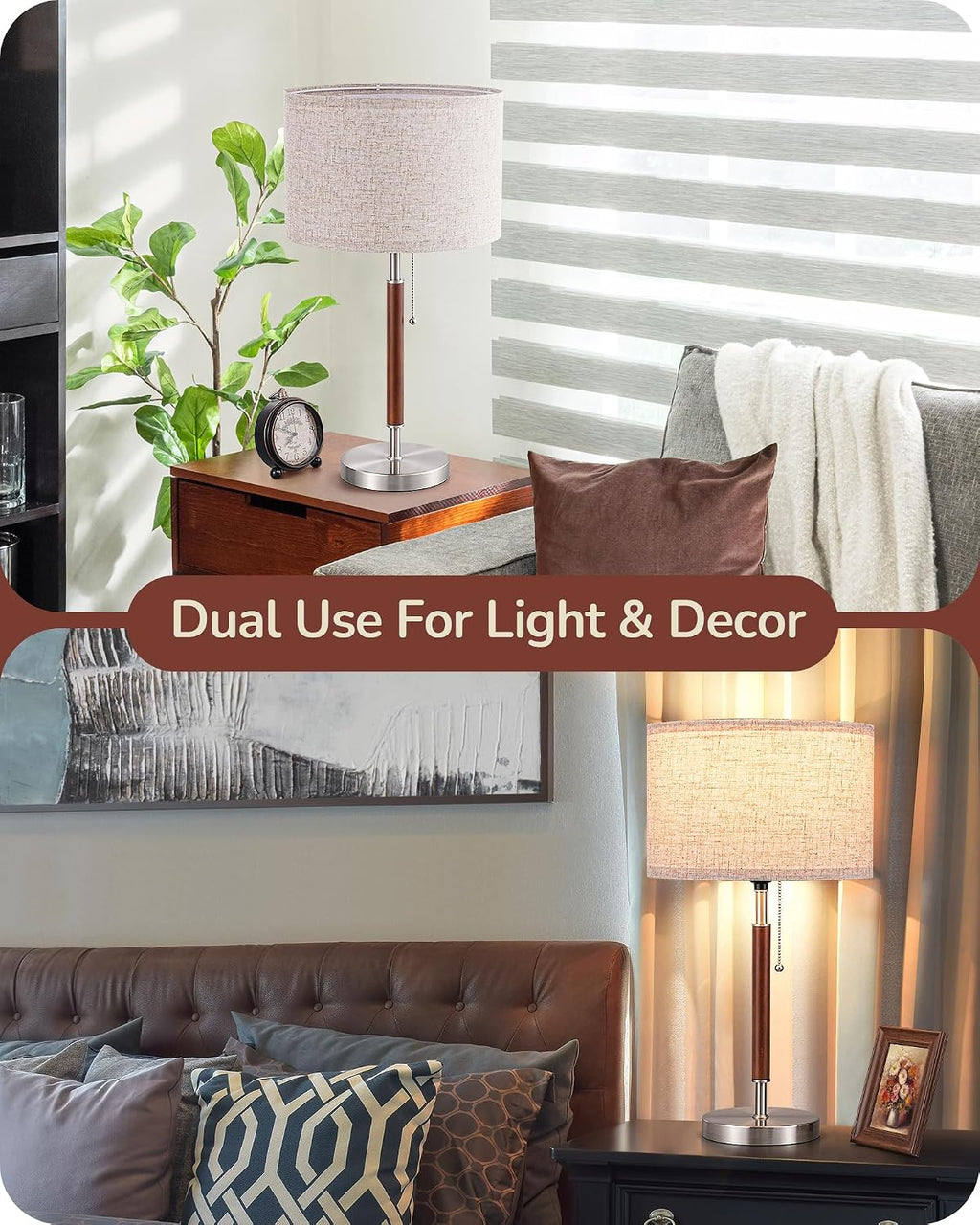 EDISHINE Mid Century Table Lamp, Solid Wood and Metal Bedside Lamp with Pull Chain Switch & Beige Linen Shade, Retro Nightstand Lamp for…