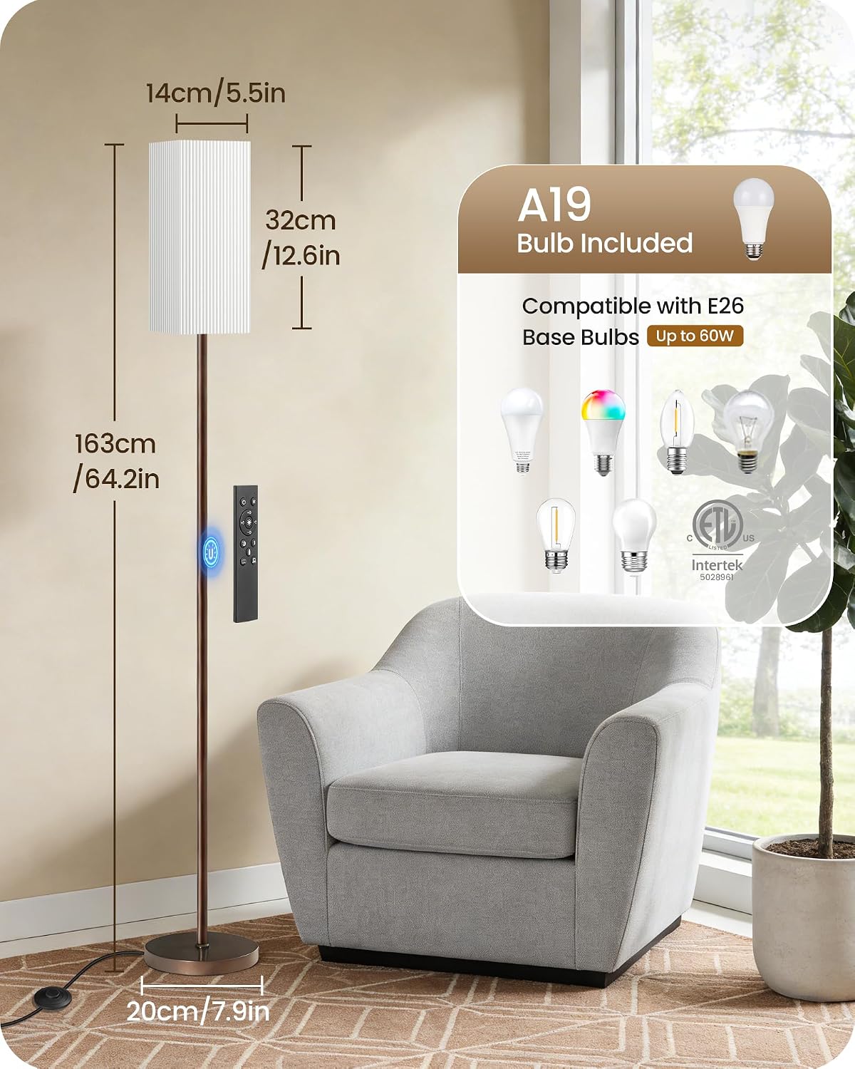 64.2'' Dimmable Floor Lamp for Living Room with Remote and Foot Switch, Corner Floor Lamp for Bedroom, Includes 10W A19 Bulb, Modern…