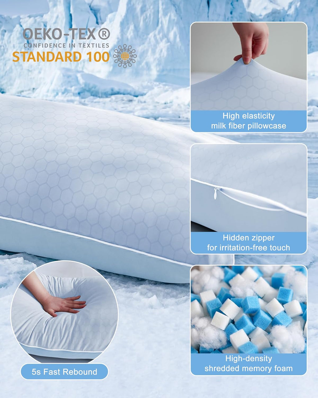 YZ HOME Cooling Body Pillow for Adults, Cold Touch Fabric, Blue Shredded Memory Foam, Support for Side Back Stomach Sleepers, Removable…