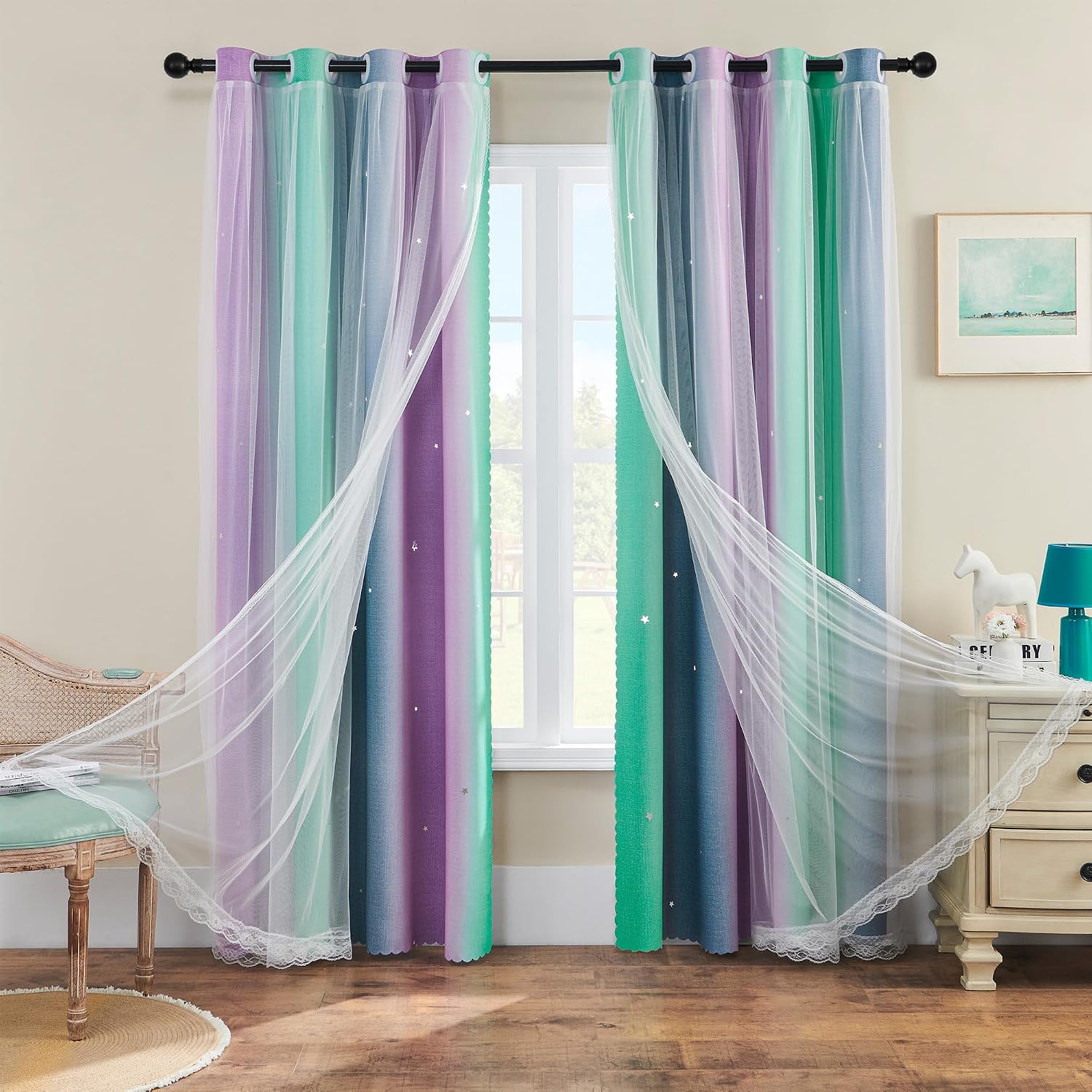 Addsomecolortolife XiDi Grey Kids Curtains for Bedroom, Nursery Bedroom Blackout Curtain, Childs Room Decor Purple Green Curtains, Girls Cu…