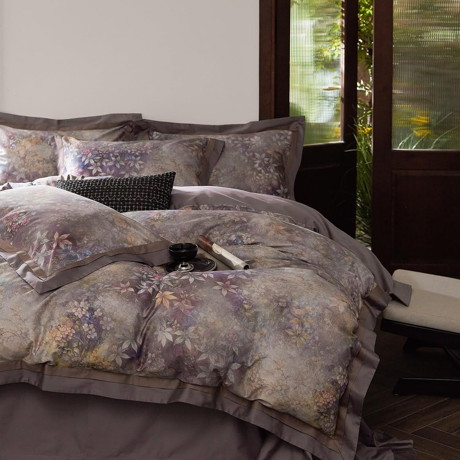 mixinni Vintage Floral Duvet Cover Set - Queen Size, 100% Long Staple Cotton Percale, Reversible Purple Floral Bedding Set with Zipper Clos…