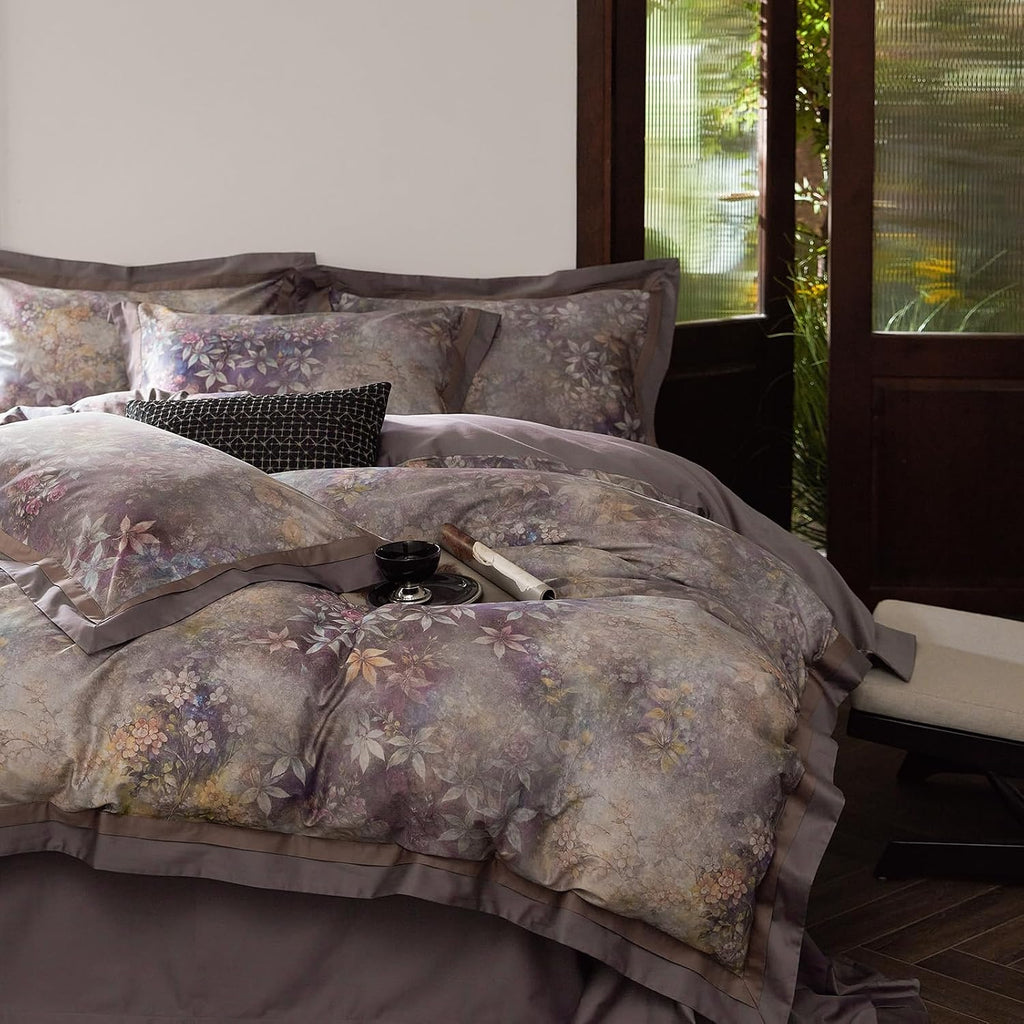 mixinni Vintage Floral Duvet Cover Set - King Size, 100% Long Staple Cotton Percale, Reversible Purple Floral Bedding Set with Zipper Closu…
