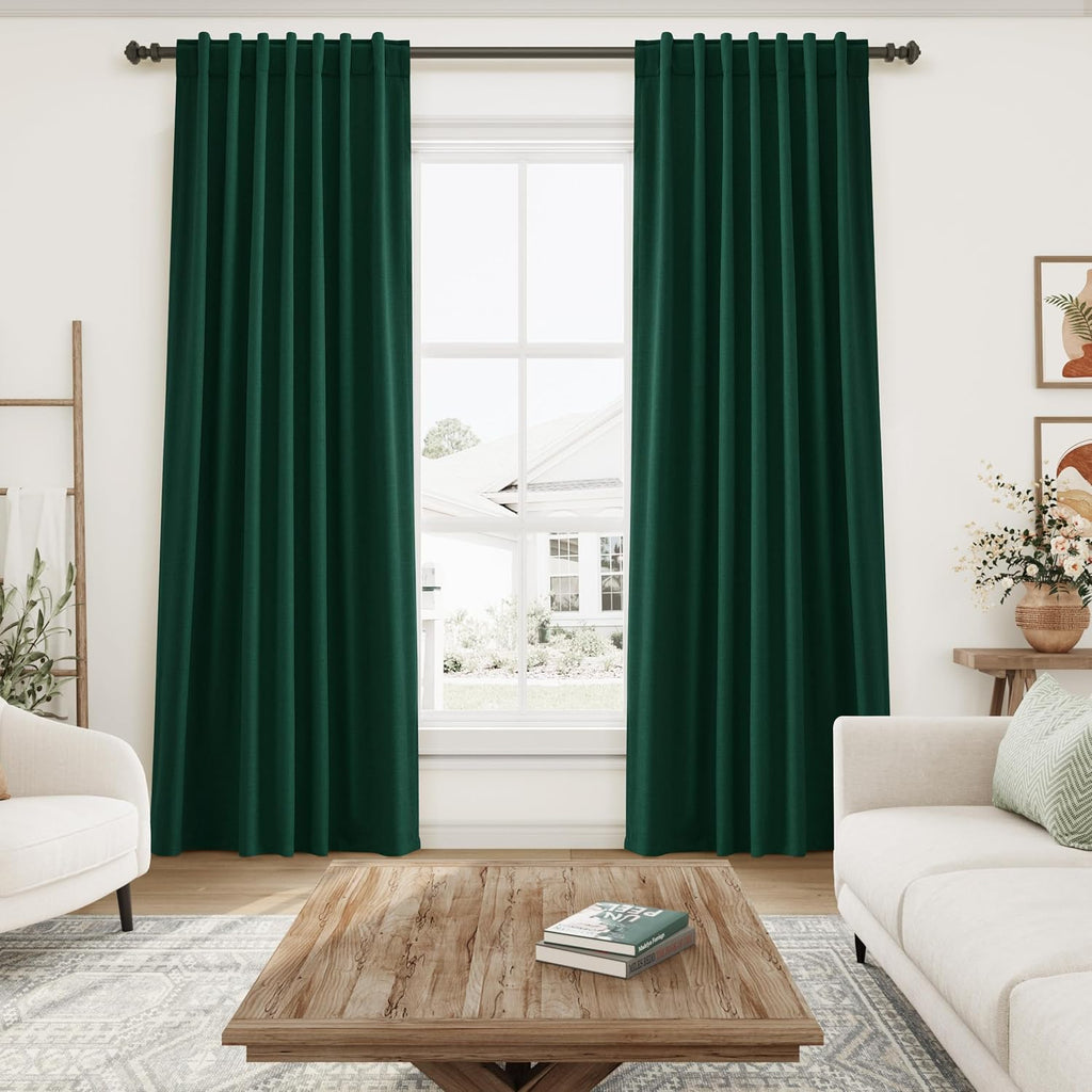 Nanspring Dark Green 100% Blackout Linen Curtains for Bedroom 90 Inches Long Back Tab Thermal Insulated Vintage Boho Decor Black Out Curtai…