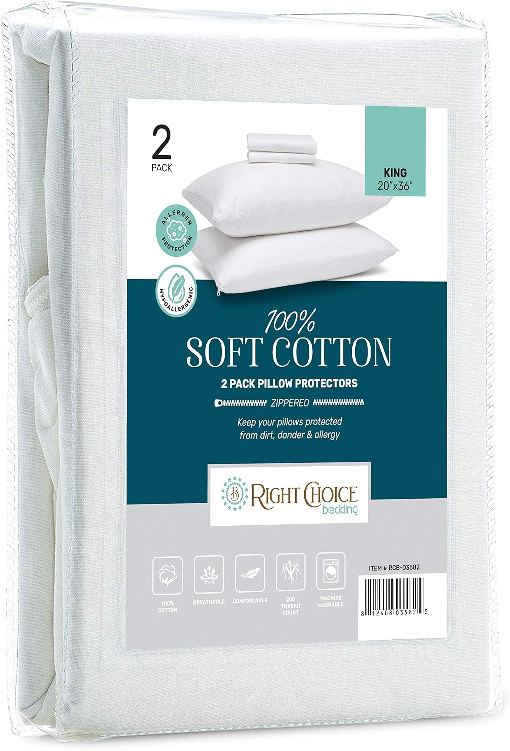 Right Choice Bedding Cotton Pillow Protectors with Zipper. Zip Up Pillowcase King Size 20x36 (Set of 2) Cotton White