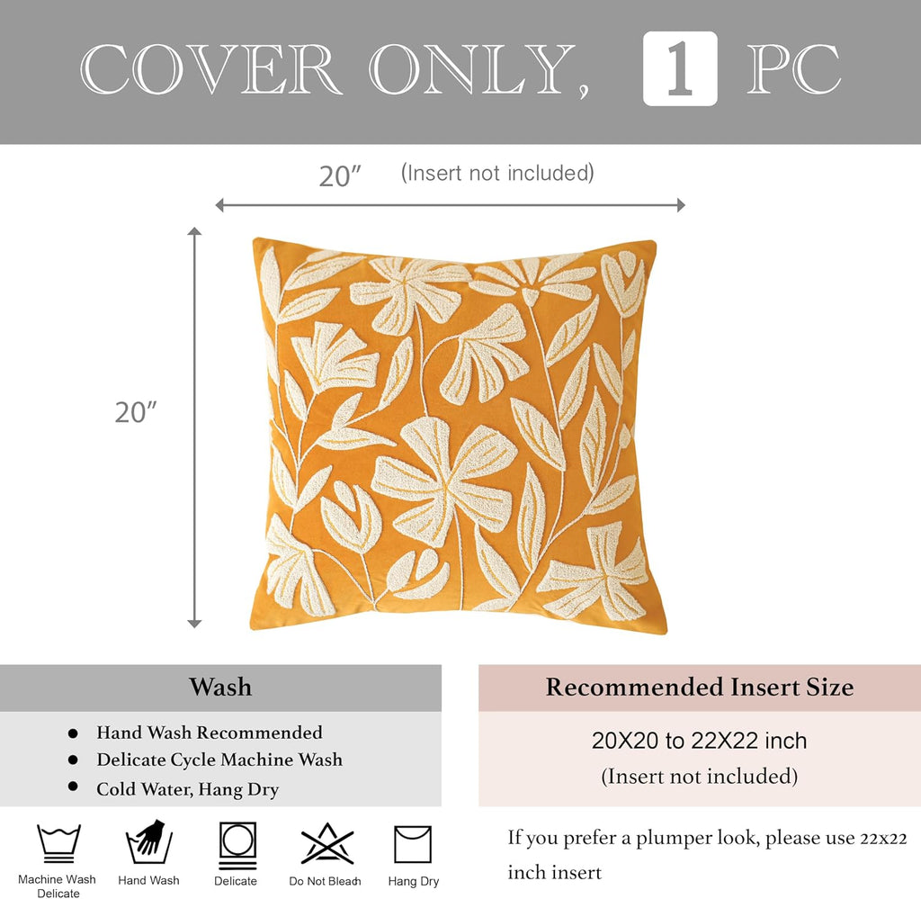 BlissBlush 20x20 Throw Pillow Cover, Mustard Yellow Square Decorative Cushion Cover for Couch Sofa, Floral Tufted Embroidered Velvet…