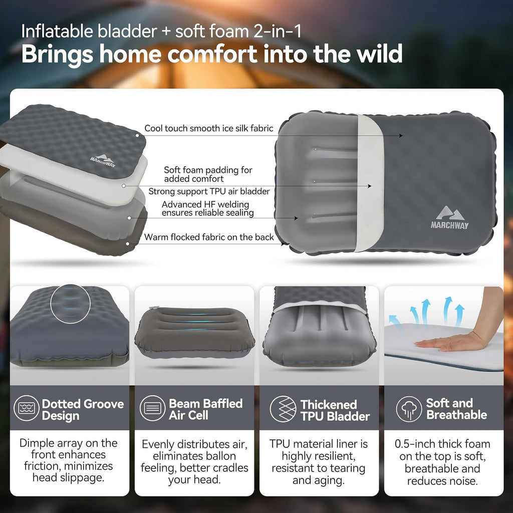MARCHWAY Inflatable Camping Pillow with Soft Foam Top & TPU Air Bladder, Dual-Sided Support for All-Season, Lightweight Compact Travel…
