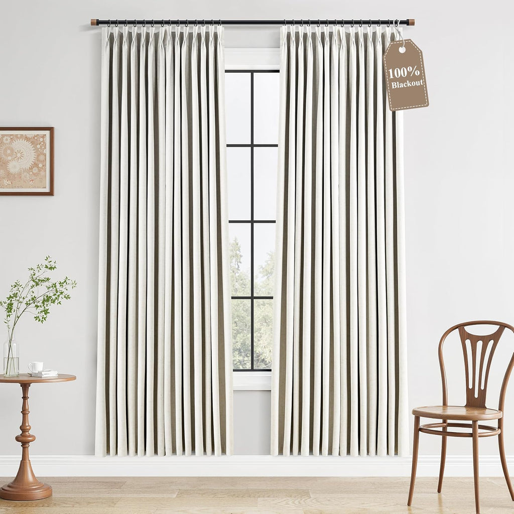 Boodii 100% Blackout Linen Pinch Pleated Curtains 80 Inch Beige Thermal Insulated 2 Panels with Hooks Back Tab Room Darkening Modern Farmho…