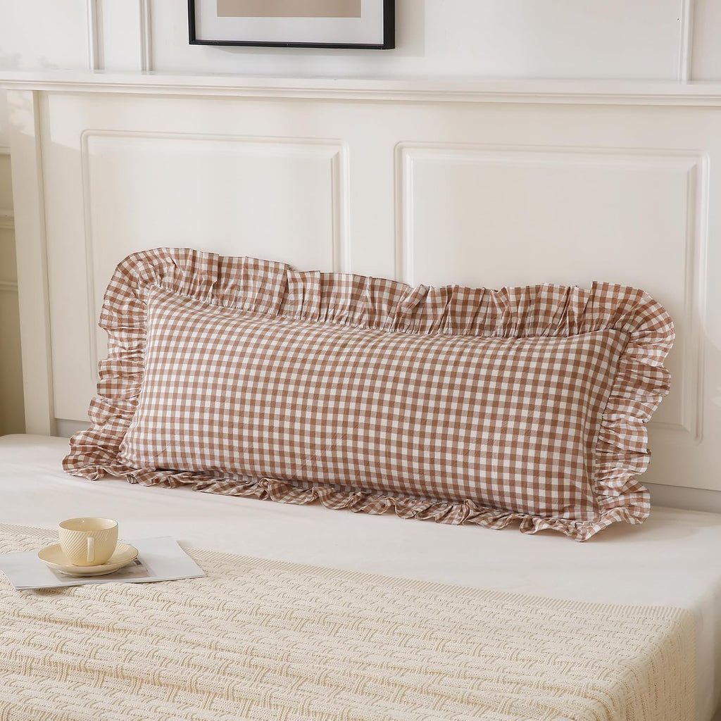 Qilunn 14x36 inches Taupe Plaid Ruffle Gingham Lumbar Throw Pillow Cover, Pure Cotton Decor Pillowcase French Country Vintage Fall Pillow C…
