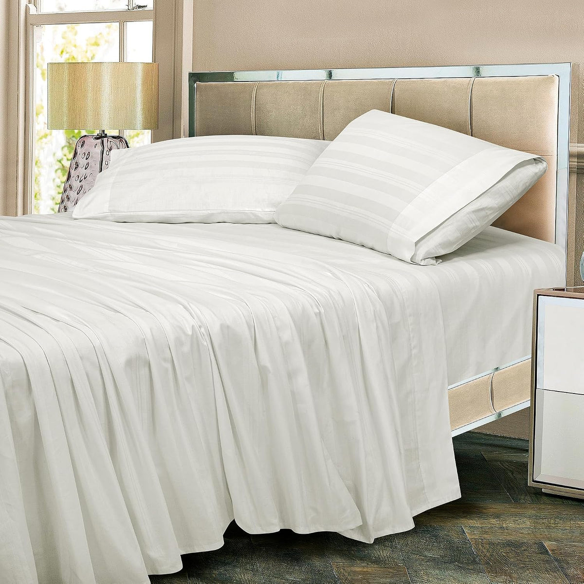 Royalelinens ROYALE LINENS 300 Thread Count 100% Long Staple Combed Cotton Striped Sheet Set - 4 Piece King Bed Sheets - 1 Fitted, 1 Flat &…