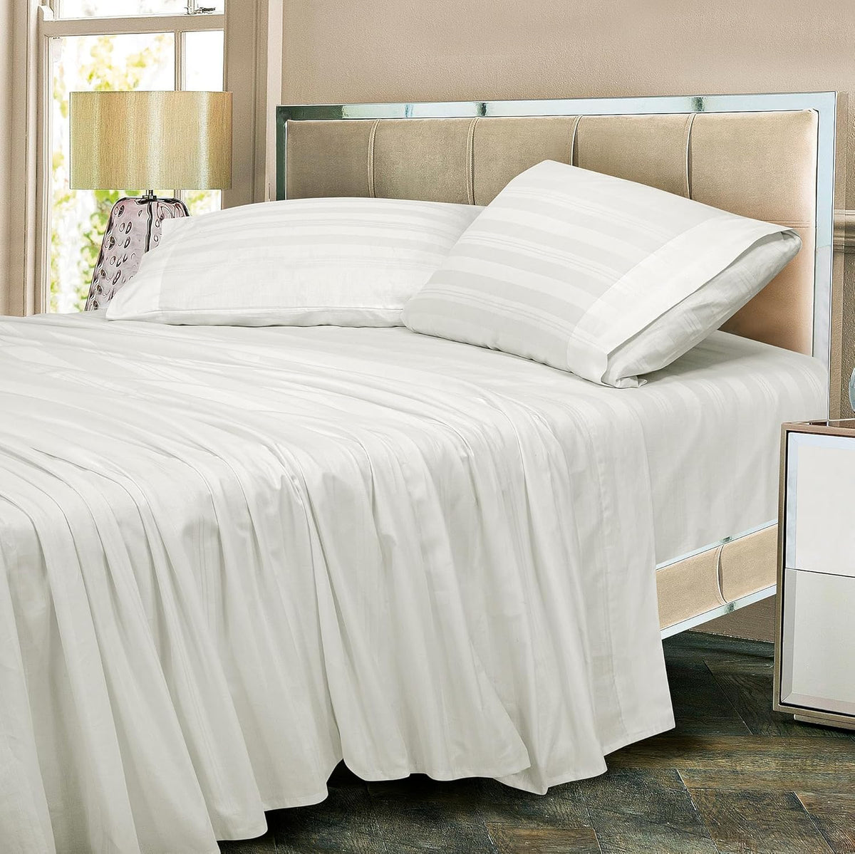 Royalelinens Royale Linens 300 Thread Count 100% Long Staple Combed Cotton Striped Sheet Set - 4 Piece Queen Bed Sheets - 1 Fitted, 1 Flat…