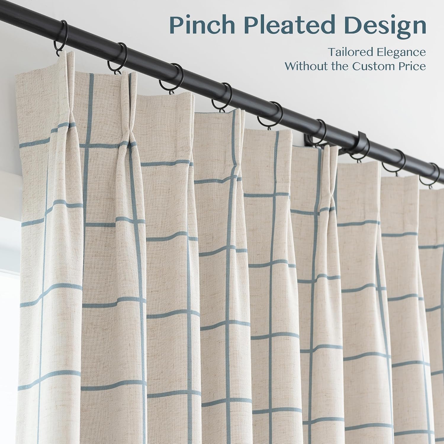 Threegirlshome THREE GIRLS Pinch Pleated Plaid Curtains Blackout Linen Gingham Blue Curtains for Living Room, Bedroom Checkered 120 Inches L…