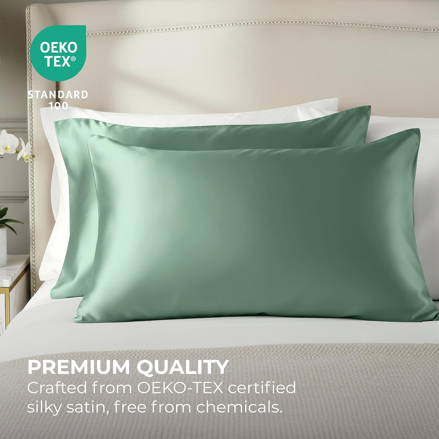 PureBedding Pure Bedding Satin Pillowcase 2 Pack - Queen Size (20"x30", Champagne Green) - Silky Pillow Cases for Hair and Skin - Satin Pil…