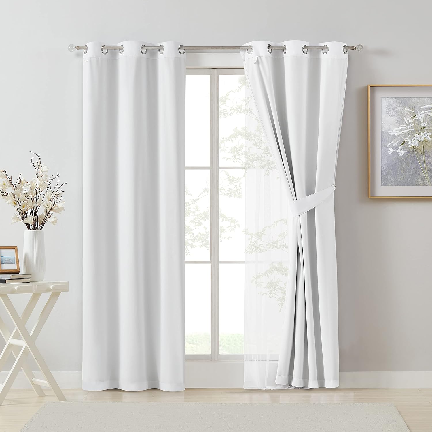 Bujasso White Full Blackout Curtain Panels with Sheer Overlay Mix and Match Double Layer Thermal Insulated Window Treatment Set for Living…