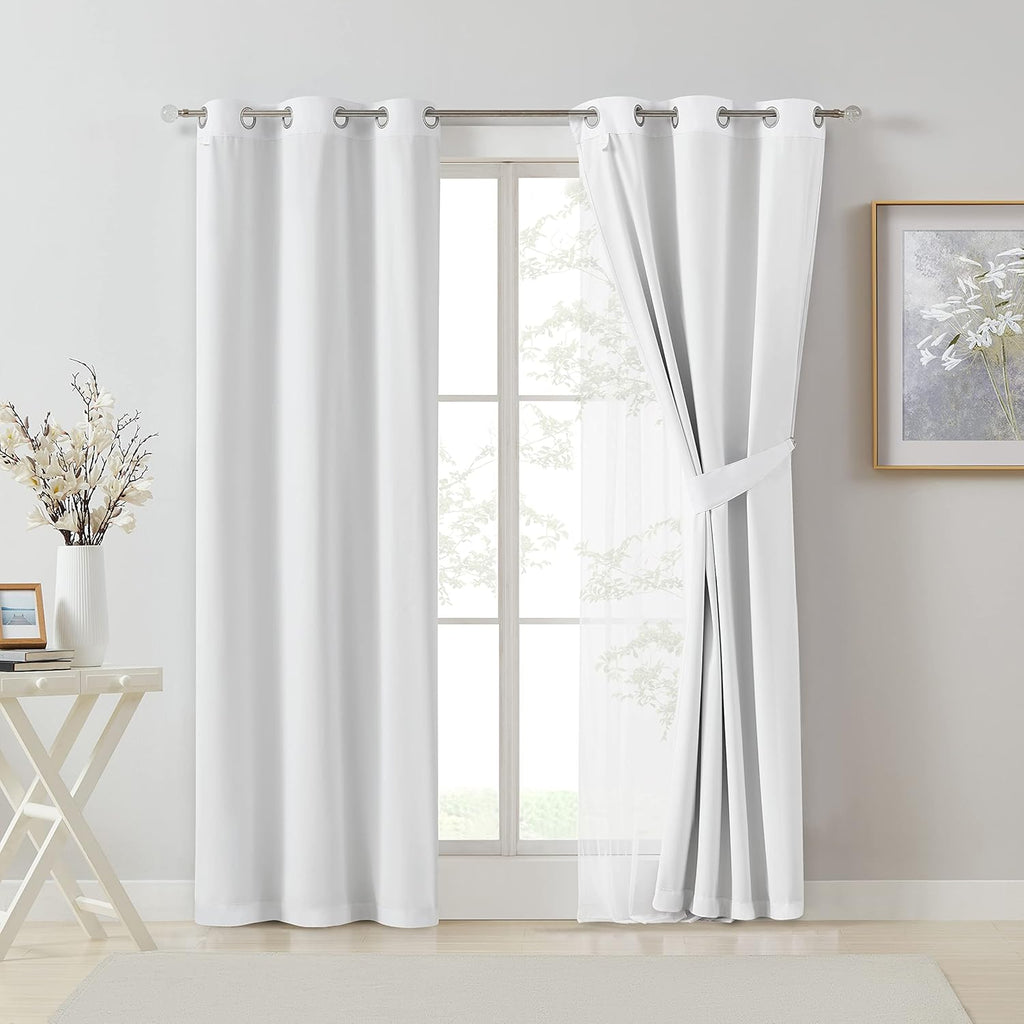 Bujasso White Full Blackout Curtain Panels with Sheer Overlay Mix and Match Double Layer Thermal Insulated Window Treatment Set for Living…