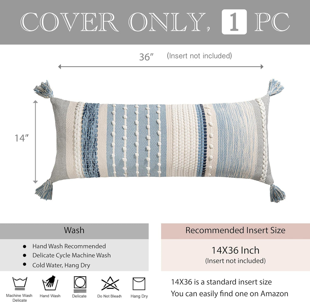BlissBlush Coastal Blue Decorative Lumbar Pillow Cover 14x36 Boho Long Body Pillow for Bed Farmhouse Lumbar Throw Pillow for Couch Modern…