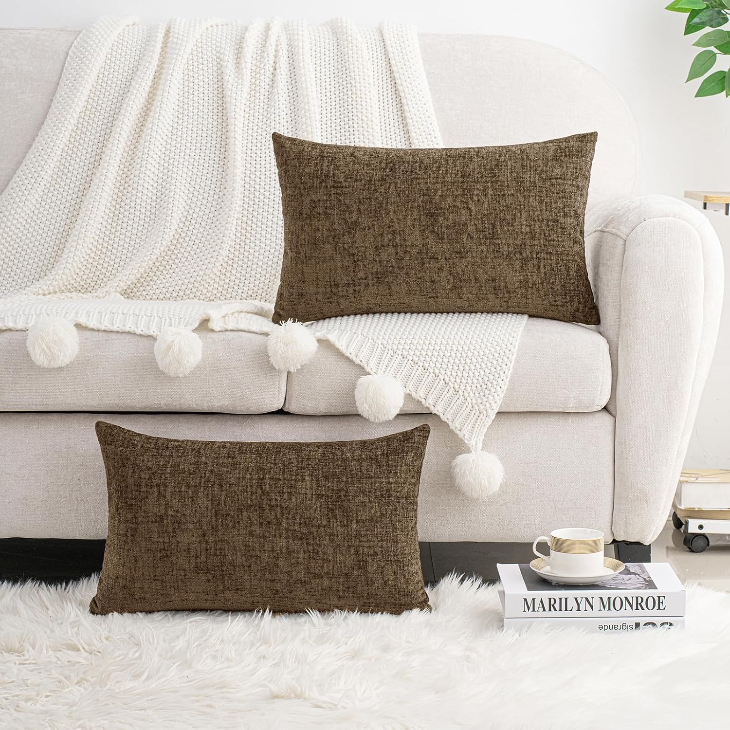 Hwy50 HWY 50 Coffee Lumbar Pillow Covers 12x20 Inch Pack of 2, Soft Chenille Decorative Throw Pillow Covers Farmhouse for Couch Sofa Living…