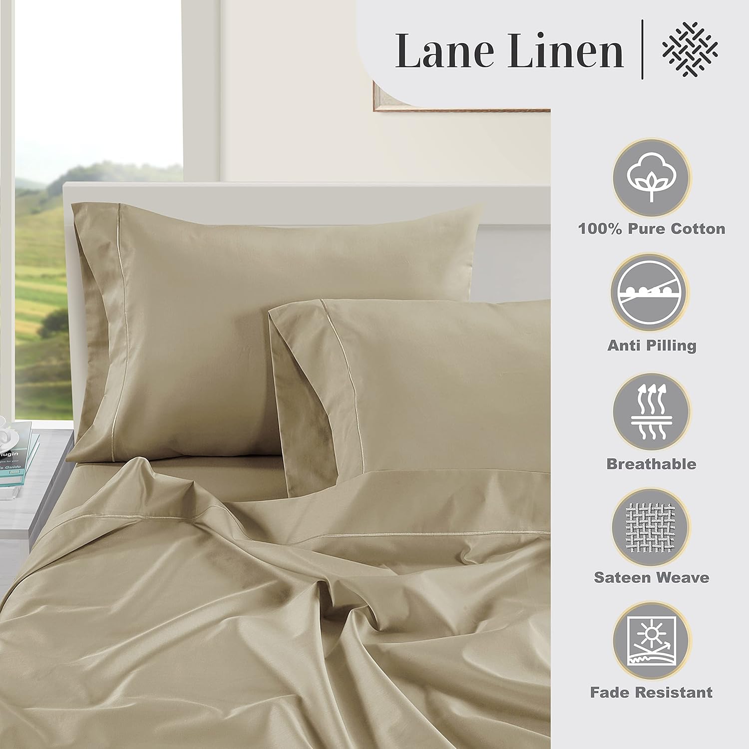 LaneLinen LANE LINEN Pillow Case Covers King Set of 2 100% Egyptian Cotton Sateen Soft Cool & Smooth Cases - Linen Cotton
