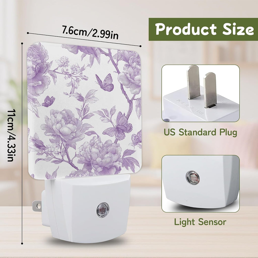 Lavender Toile Butterfly Night Light, Night Lights Plug into Wall with Dusk to Dawn Sensor for Bedroom Bathroom Hallway Kitchen…