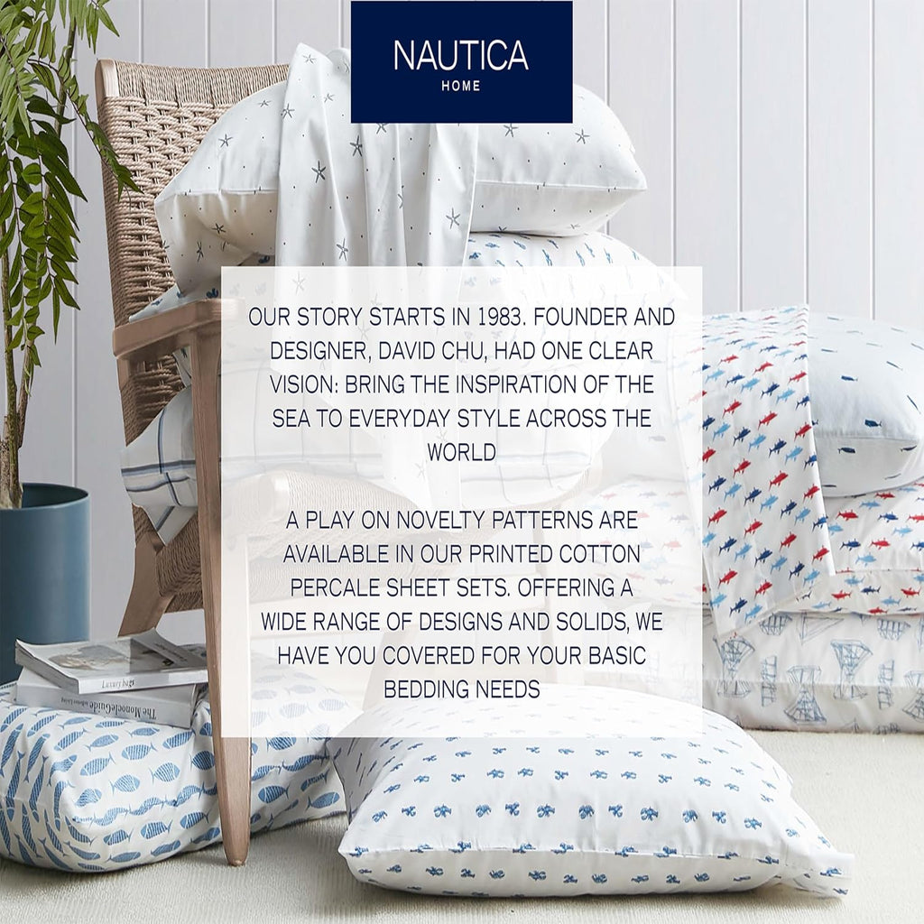 Nautica Queen Sheet Set, Cotton Percale Bedding Set, Crisp & Cool, Lightweight & Breathable (White, Queen) Cotton White