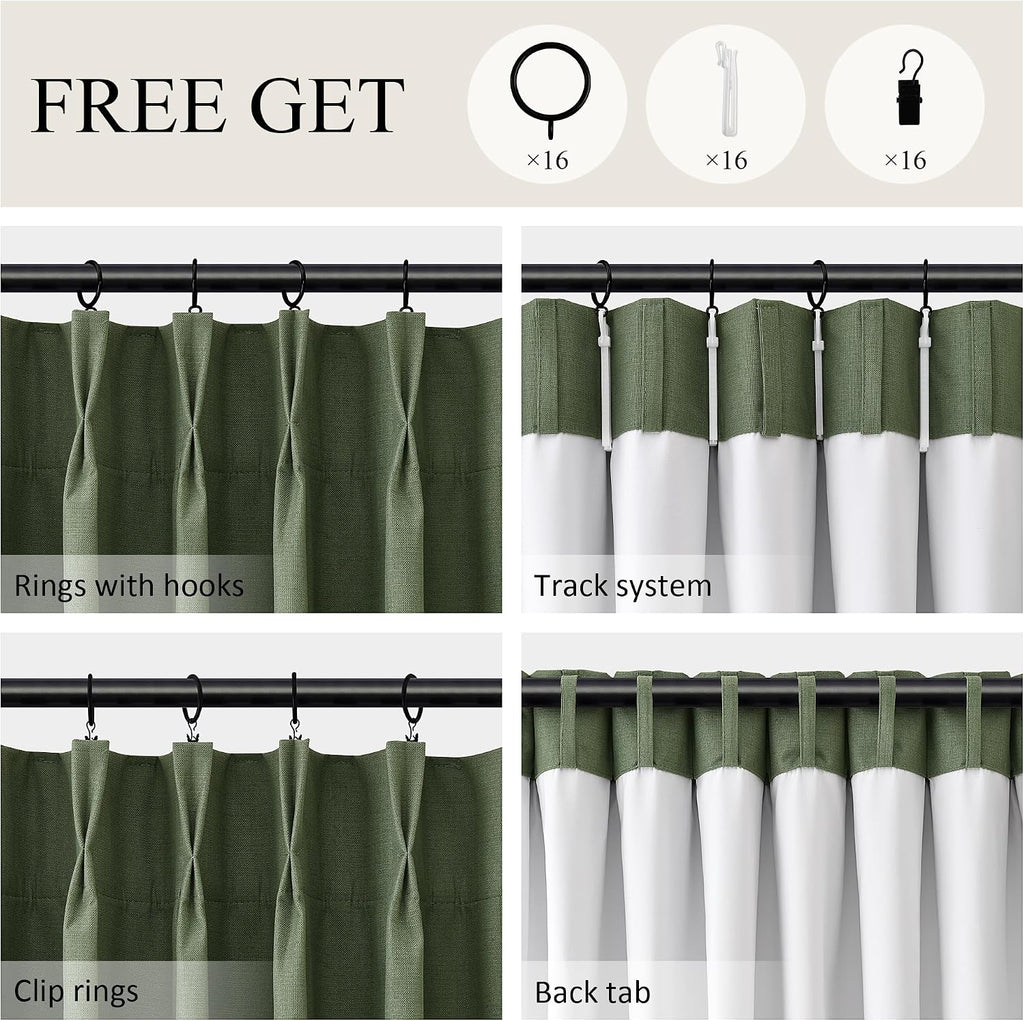 Boodii Olive Green 100% Blackout Pinch Pleated Linen Curtains 84 Inch 2 Panels Thermal Insulated Room Darkening for Bedroom Living Room Boh…