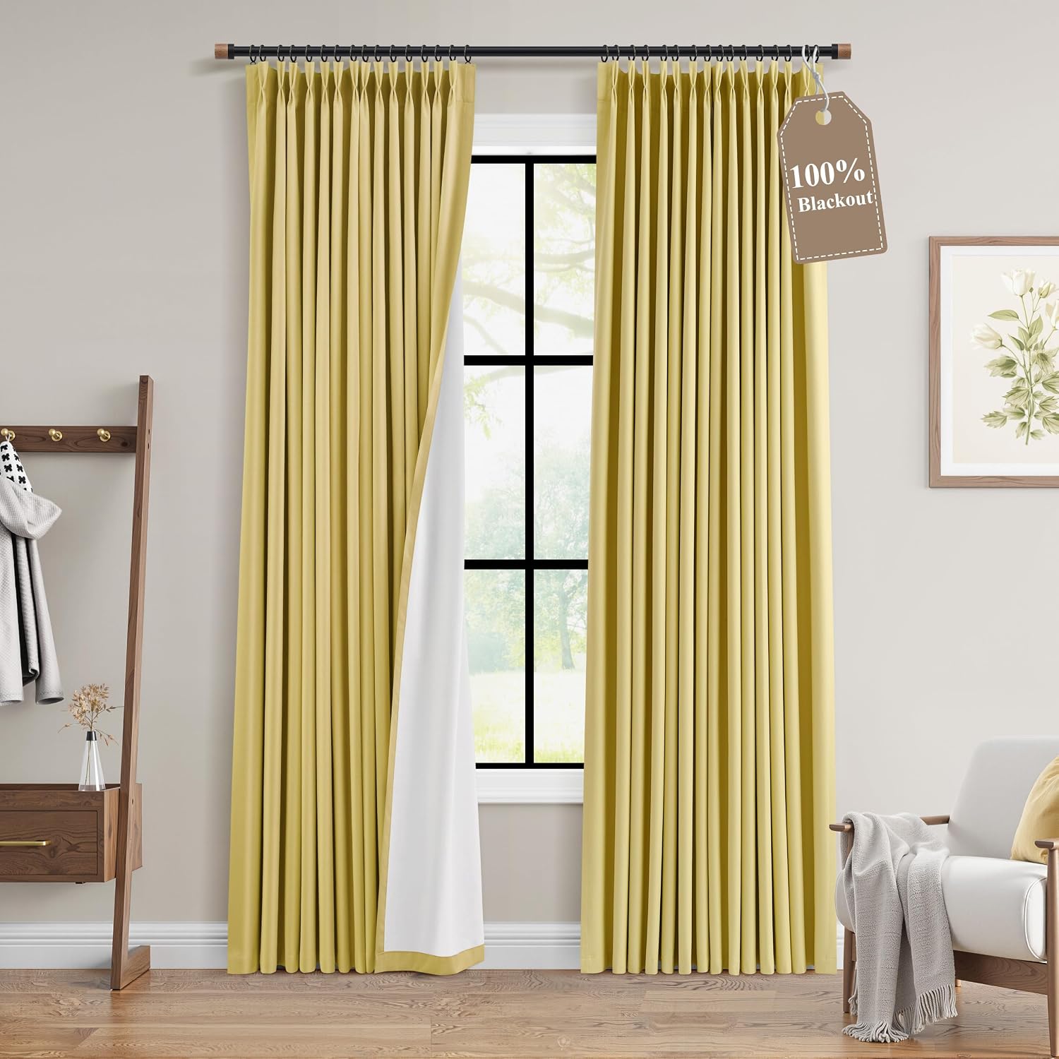 Boodii Yellow 100% Blackout Linen Pinch Pleated Curtains 84 Inch Length 2 Panels Privacy Drapes for Bedroom Living Room Insulated Thermal B…