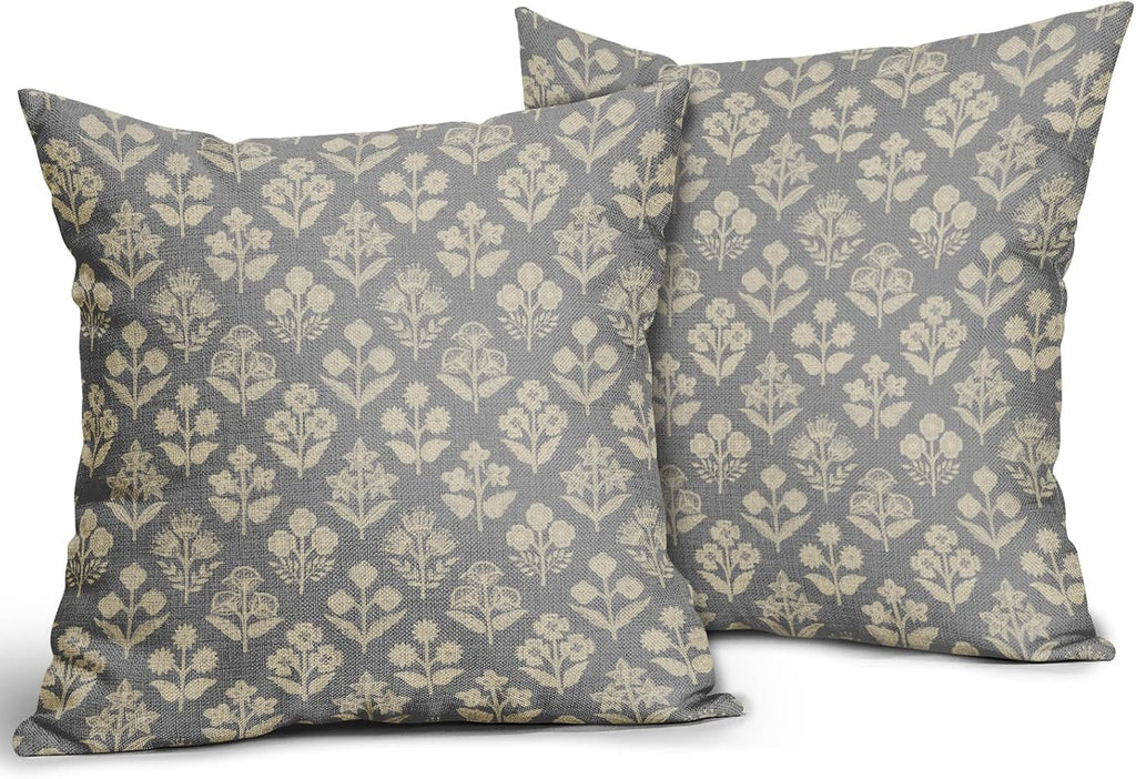 Grey Gray Floral Block Print Pillow Covers 20x20 Inch Set of 2, Vintage Flower Pattern Decorative Throw Pillowcases Outdoor Farmhouse…