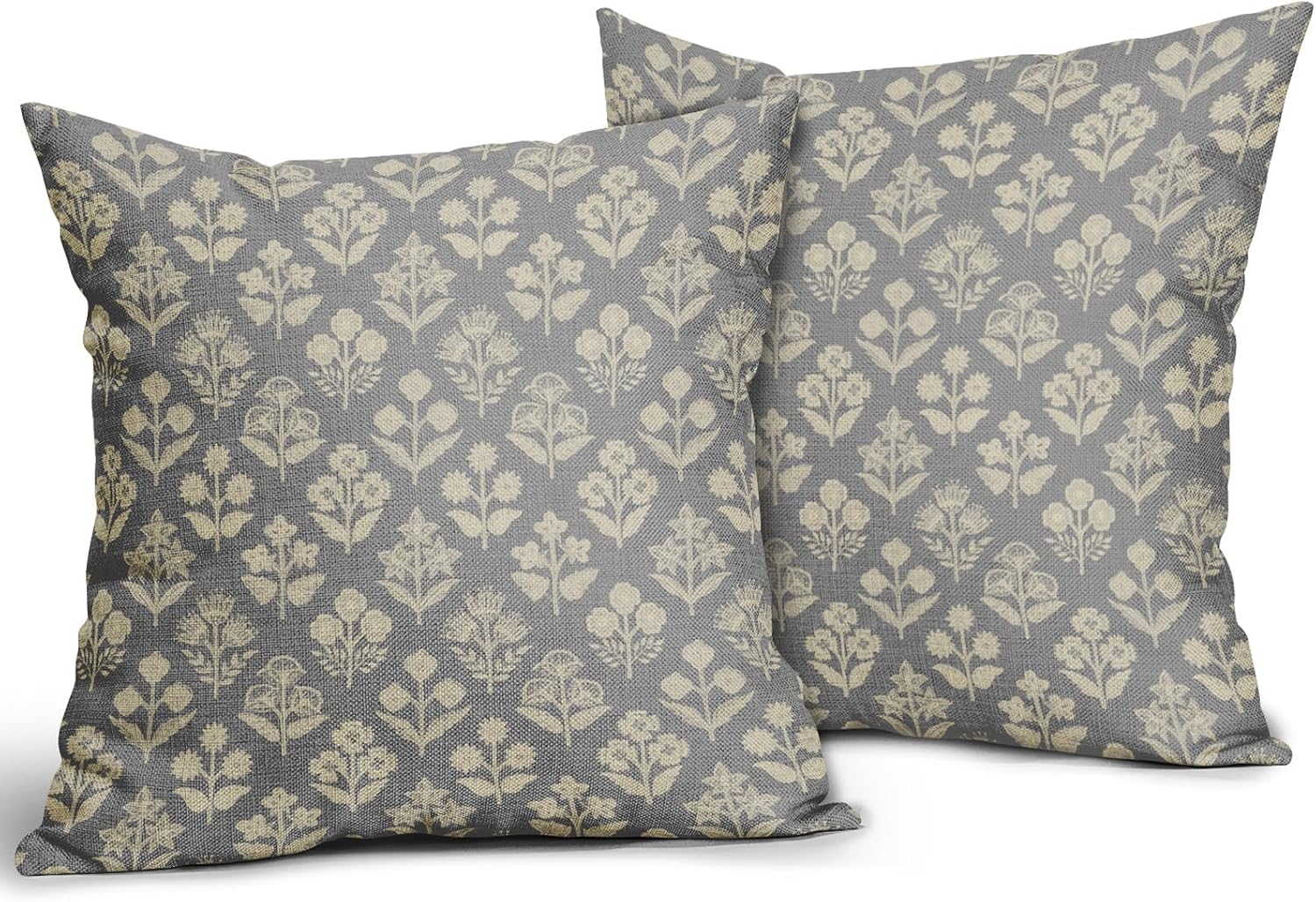 Grey Gray Floral Block Print Pillow Covers 20x20 Inch Set of 2, Vintage Flower Pattern Decorative Throw Pillowcases Outdoor Farmhouse…