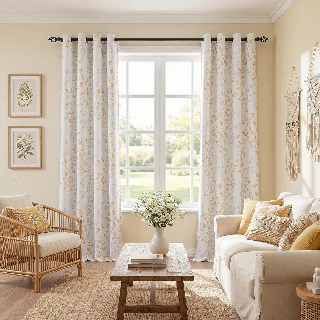 Meetsky 95% Blackout Curtains for Living Room 2 Panel Set - Room Darkening Thermal Insulated Grommet Window Drapes, Yellow Grey Leaf Printe…