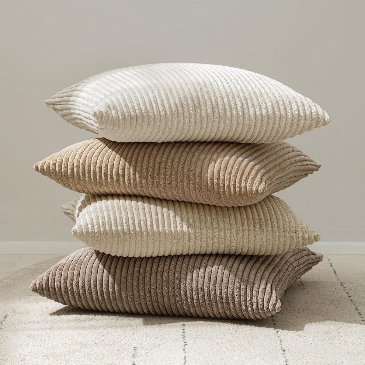 MIULEE Summer 24x24 Pillow Covers Set of 2 Soft Striped Corduroy Euro Pillow Shams for Couch Living Room Sofa Car 24 x 24 Inch Cream White