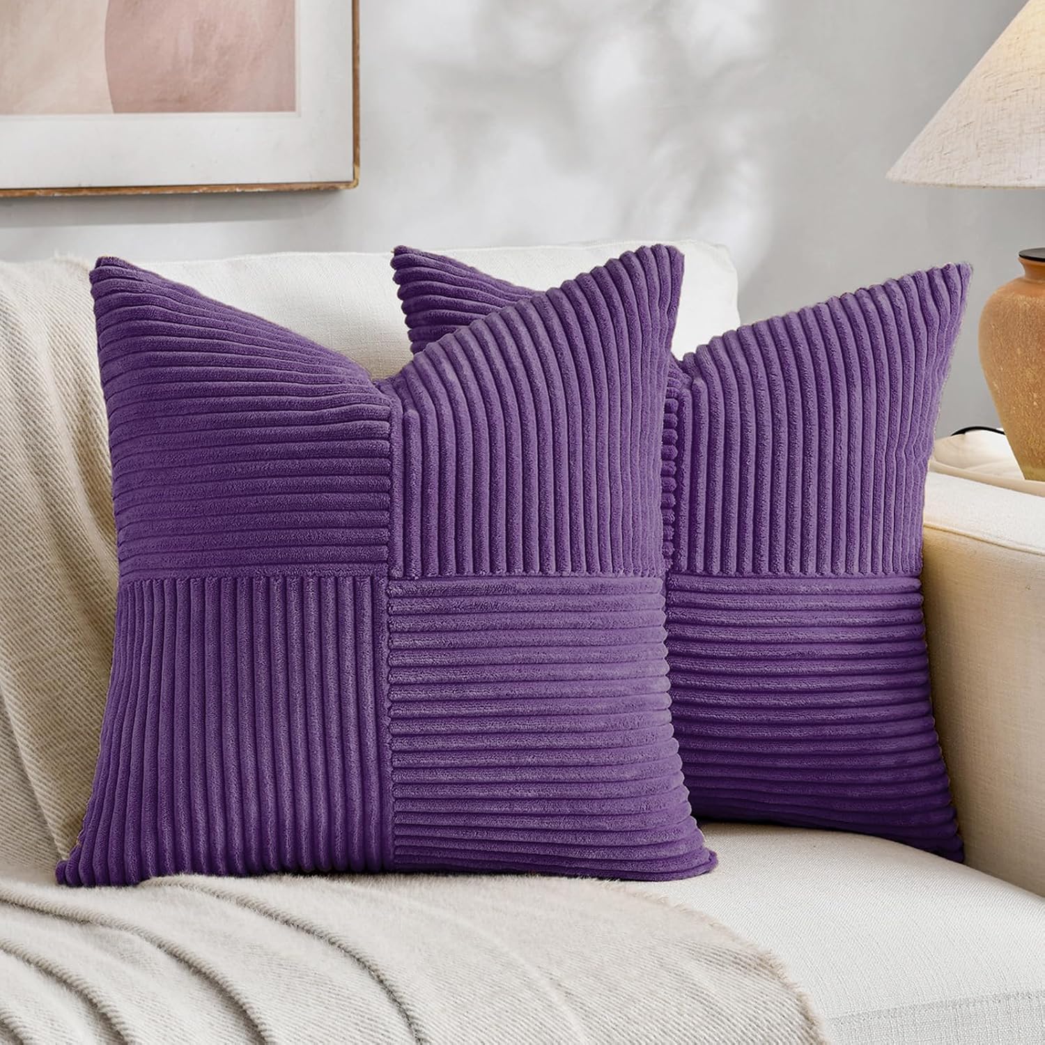 Fancy Homi 2 Packs Purple Big Decorative Throw Pillow Covers 24x24 Inch for Living Room Couch Bed, Farmhouse Boho Home Decor, Soft Corss…