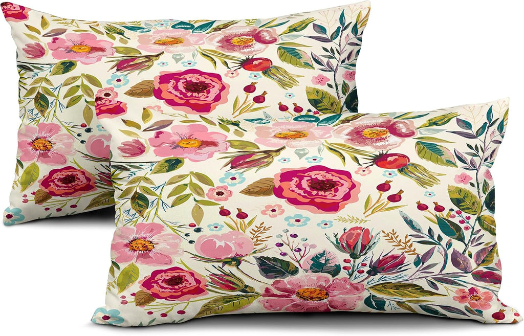 Spring Summer Flower Throw Pillow Covers 20x12 Inch Watercolor Peony Pillowcase Hot Pink Flora with Green Leaves Girly Decorative Cotton…