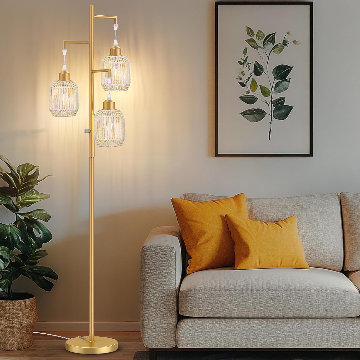 ROTTOGOON Dimmable Boho Floor Lamp - 3 Light Farmhouse Rattan Floor Lamp for Living Room, Industrial Tree Floor Lamps with 3 X 6W LED…