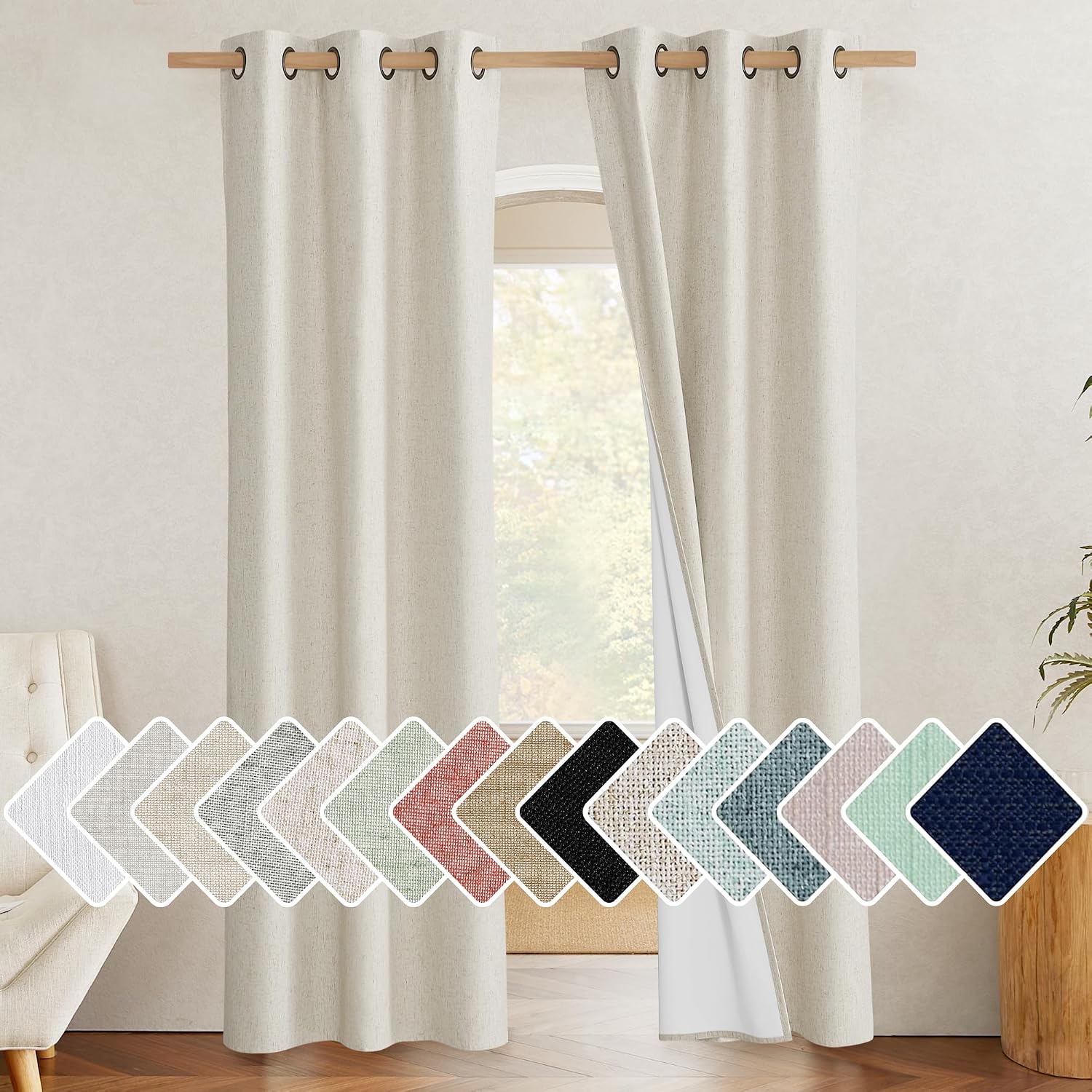 NICETOWN Natural Full Blackout Boho-Chic Linen Curtains 80 inch Long 2 Panels Set for Cafe Window, 34 inch Wide, Thick Linen Blend…